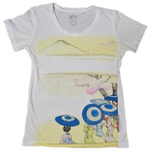 UNIQLO UT Japanese Art Print Shirt Mt Fuji Geishas Umbrellas Women XS White (z)‎